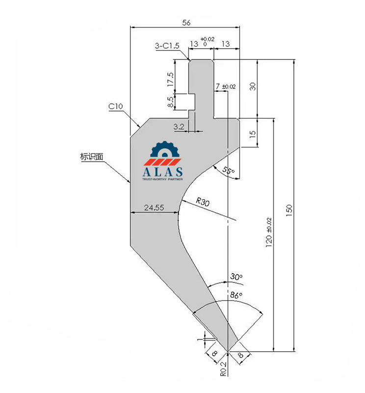 R30间隙圆弧欧式鹅颈冲头技术图及尺寸剖面图