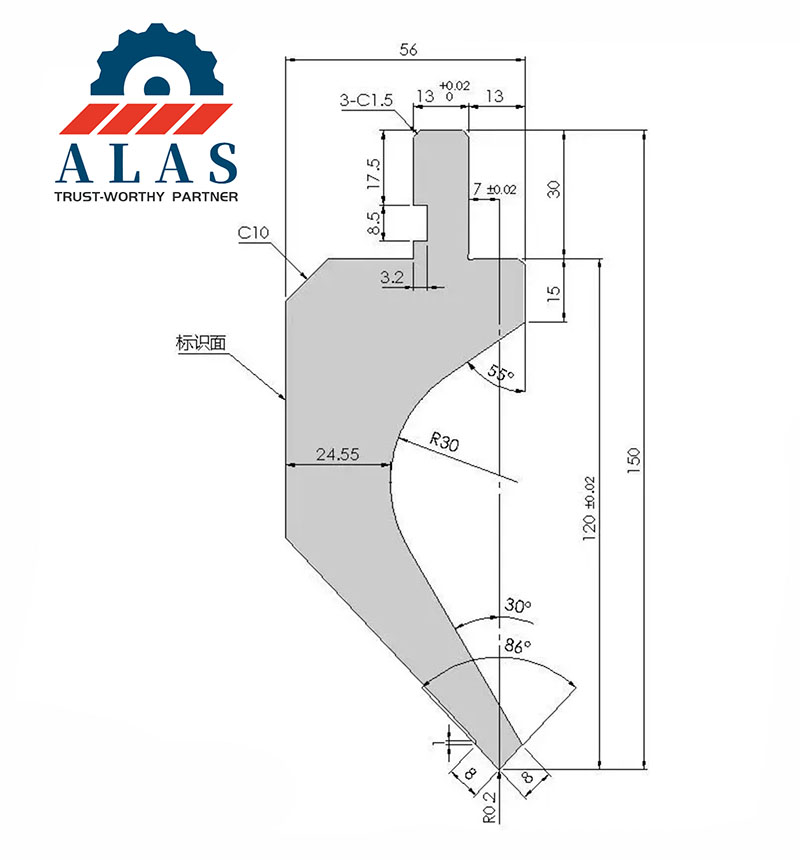 ALAS鹅颈折弯机冲床图纸：高度150mm，顶角86度，R30间隙轮廓规格